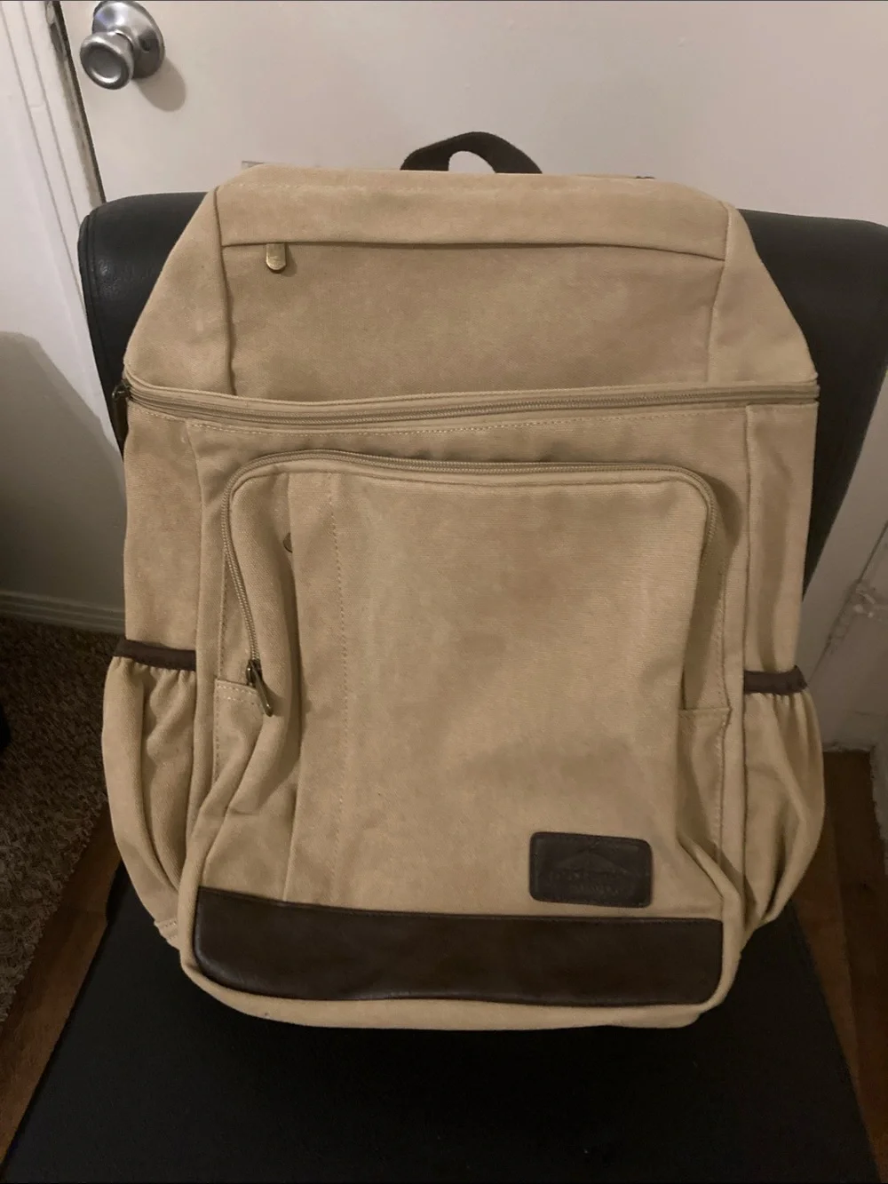 Portage Unisex Beige Canvas Backpack with Brown Trim
